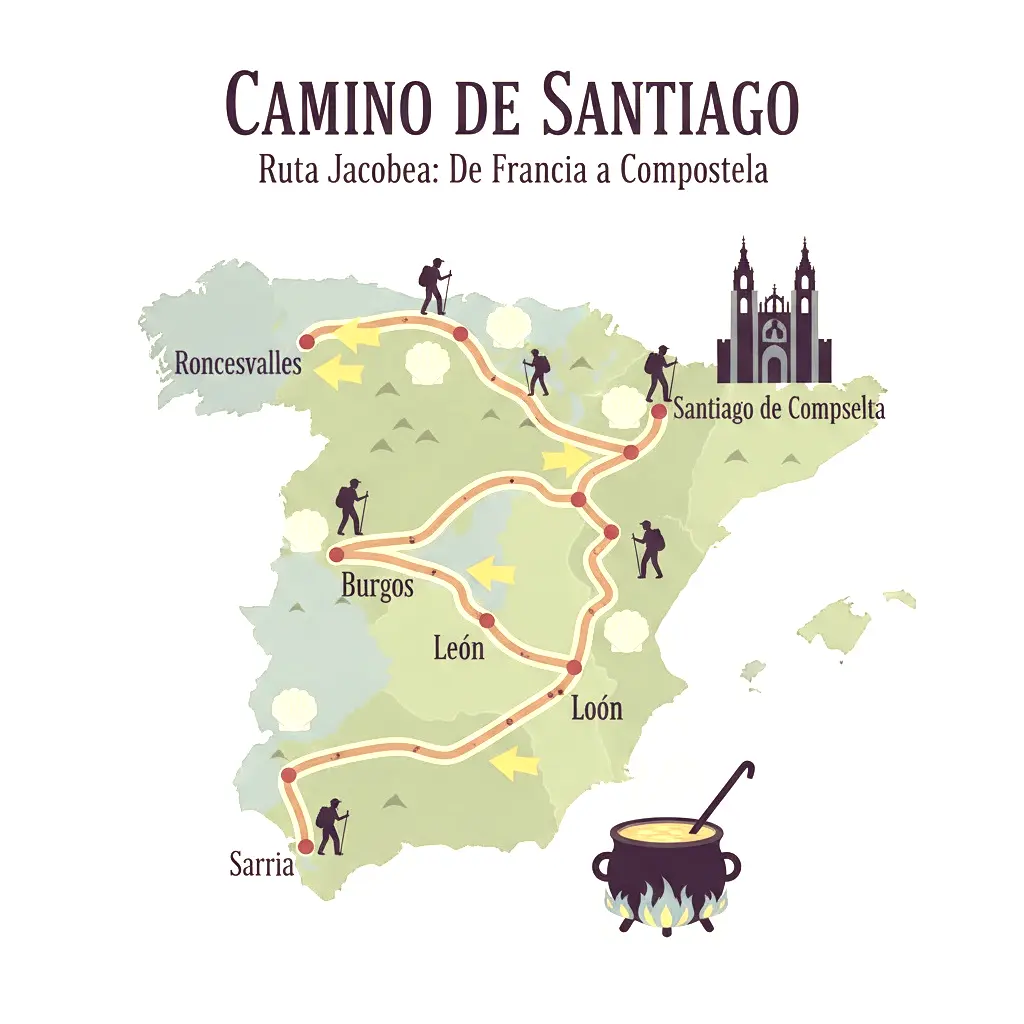 peregrinos del camino de santiago caminando por sendero rural gallego hacia Santiago de Compostela